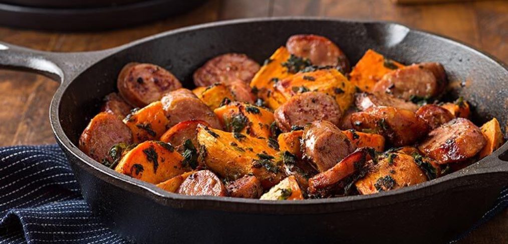 nutrient-rich skillet of yams, apples and sausages