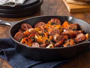 nutrient-rich skillet of yams, apples and sausages