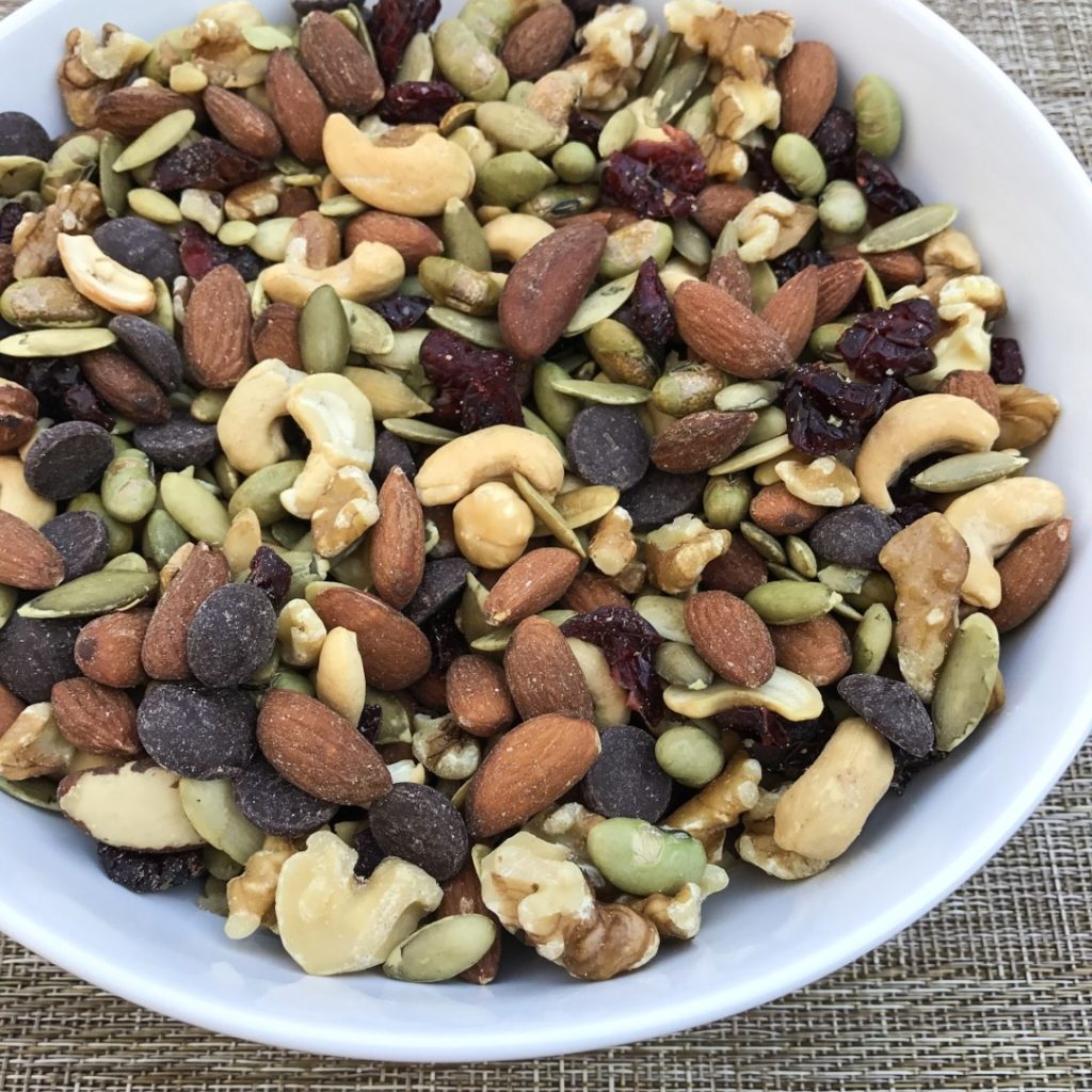 heart healthy trail mix of cashews, almonds, pumpkins seeds and cacao nibs